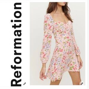 Reformation Pink Floral Mini Dress with Puff Sleeves